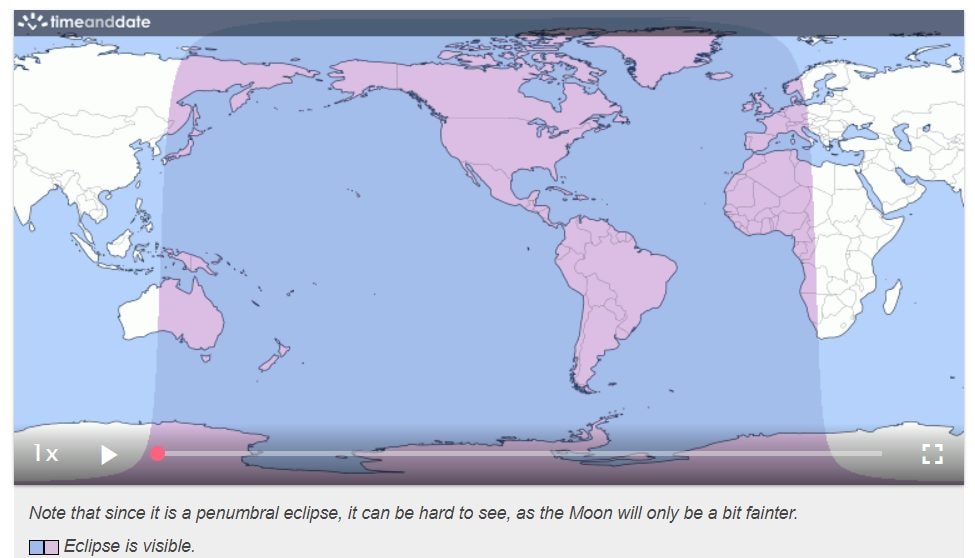 Visibilità dell'eclissi nel mondo. Credit: Time and Date