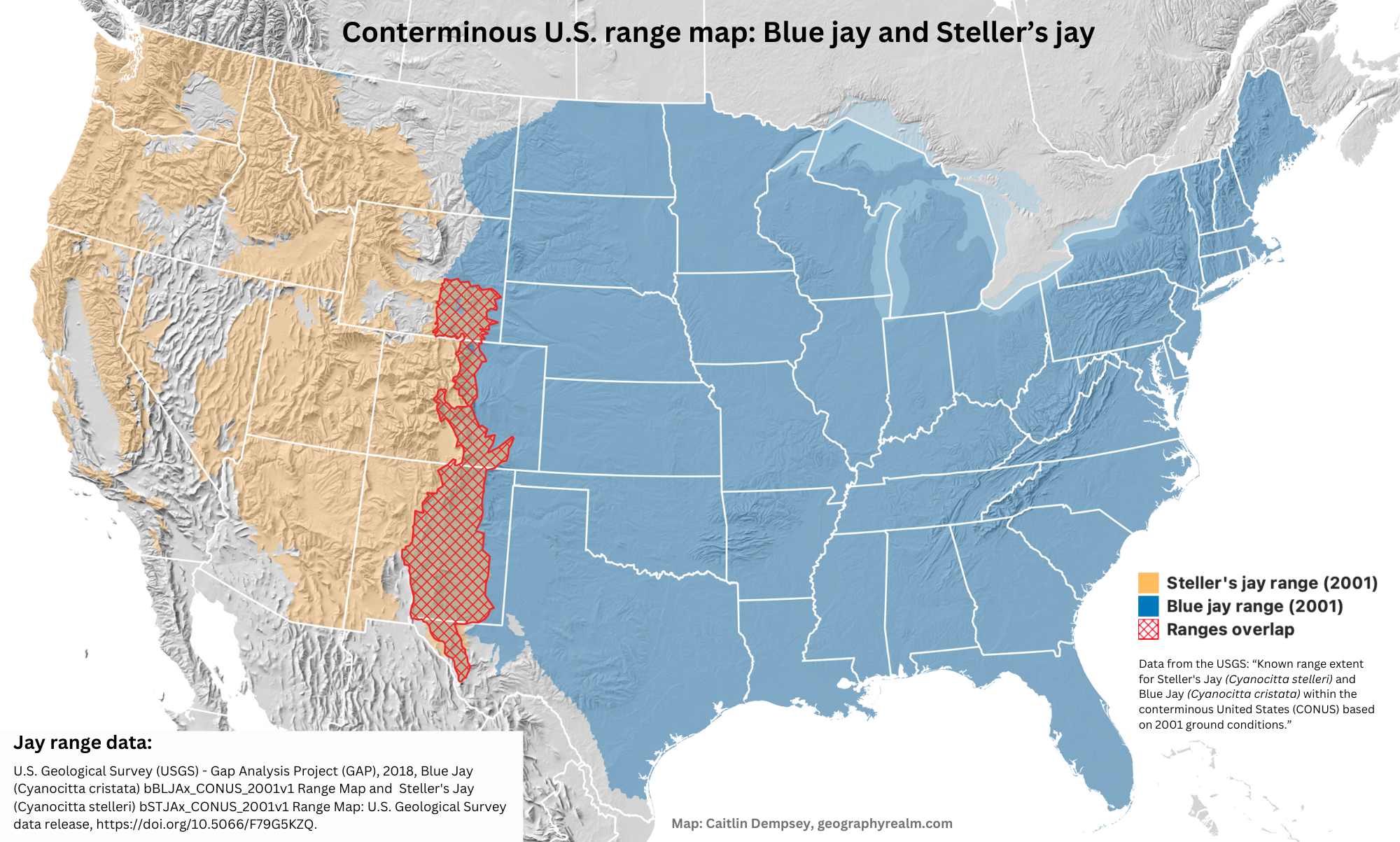 A map showing in orange the range of steller's jay and in blue the range of blue jay over a gray shaded relief map of the United States.