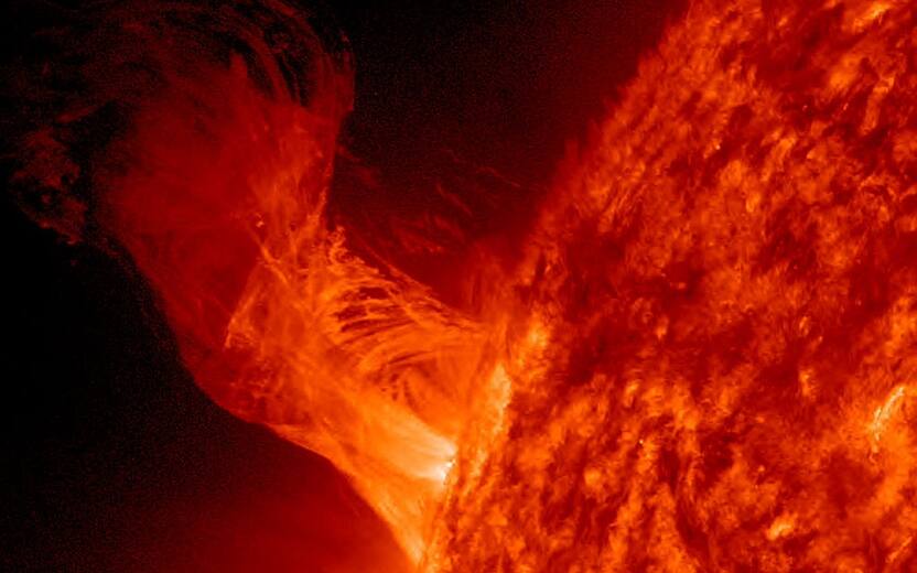 IN SPACE - DECEMBER 31: In this handout from NASA, a solar eruption rises above the surface of the sun December 31, 2012 in space. According to NASA the relatively minor eruption extended 160,000 miles out from the Sun and was about 20 times the diameter of Earth. (Photo by NASA/SDO via Getty Images)