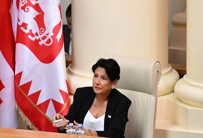 Georgian President Salome Zurabishvili attends a parliament session as lawmakers are to debate and vote on Zurabishvili's impeachment over her breaching the constitution by making unauthorised foreign trips, in Tbilisi on October 18, 2023. (Photo by Vano SHLAMOV / AFP) (Photo by VANO SHLAMOV/AFP via Getty Images)