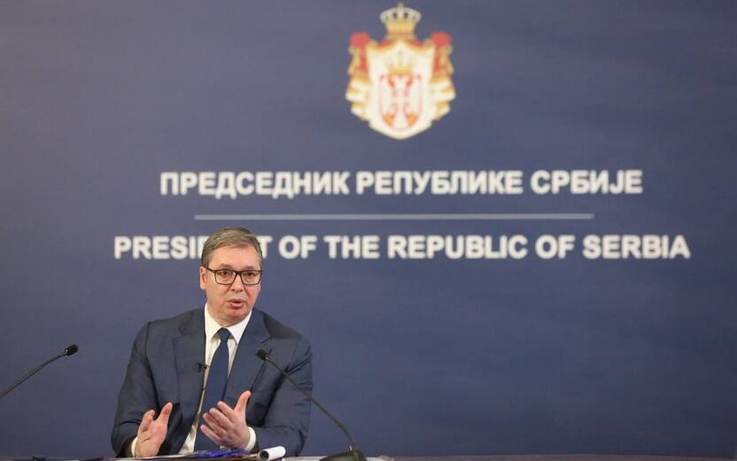 BELGRADE, SERBIA - MARCH 02: Serbian President Aleksandar Vucic speaks during a public address in Belgrade, Serbia on March 02, 2024. (Photo by Filip Stevanovic/Anadolu via Getty Images)