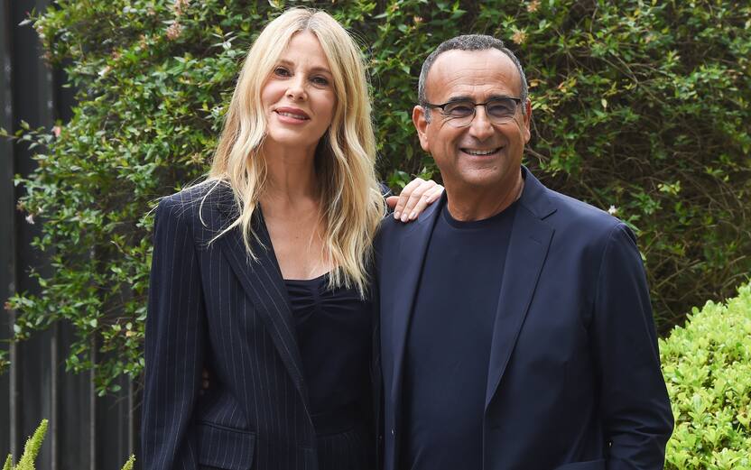 Italian hosts Alessia Marcuzzi and Carlo Conti during the photocall of the press conference for the announcement of the nominations for the 69 edition of David di Donatello. Rome (Italy), April 03rd, 2024 (Photo by Massimo Insabato/Archivio Massimo Insabato/Mondadori Portfolio via Getty Images)