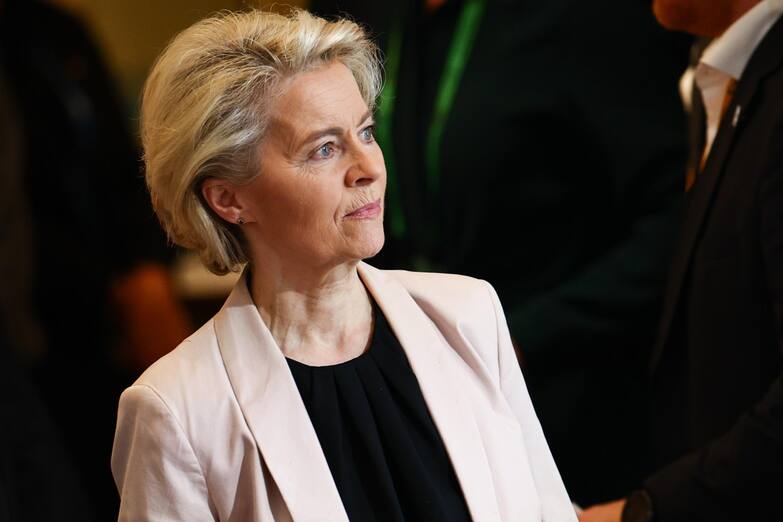 epa11160256 European Commission President Ursula von der Leyen attends a panel discussion at the 'Bayerischer Hof' hotel, the venue of the 60th Munich Security Conference (MSC), in Munich, Germany, 17 February 2024. More than 500 high-level international decision-makers meet at the 60th Munich Security Conference in Munich during their annual meeting from 16 to 18 February 2024 to discuss global security issues. EPA/ANNA SZILAGYI