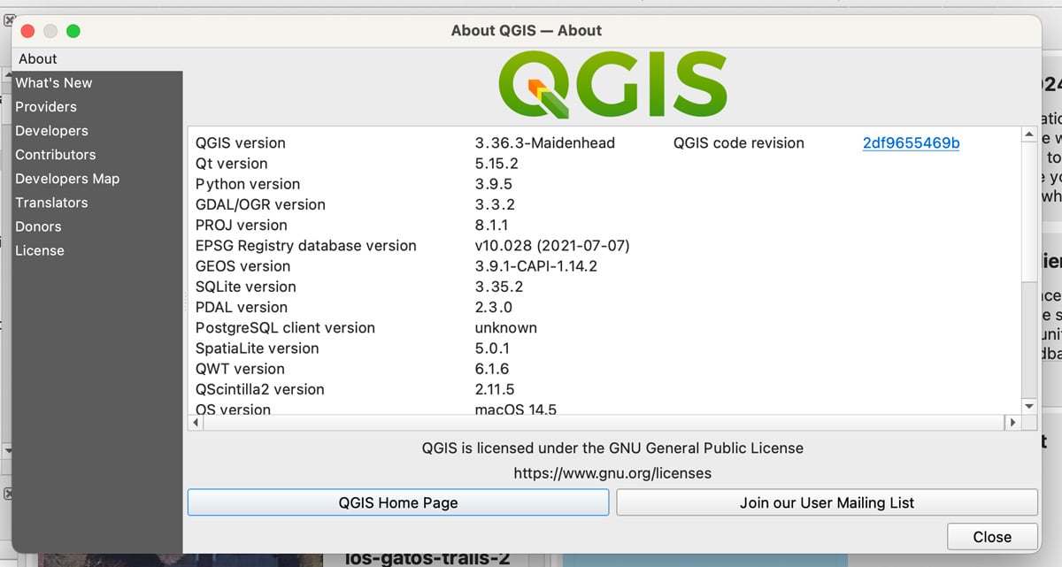 Screenshot of the QGIS About page. 