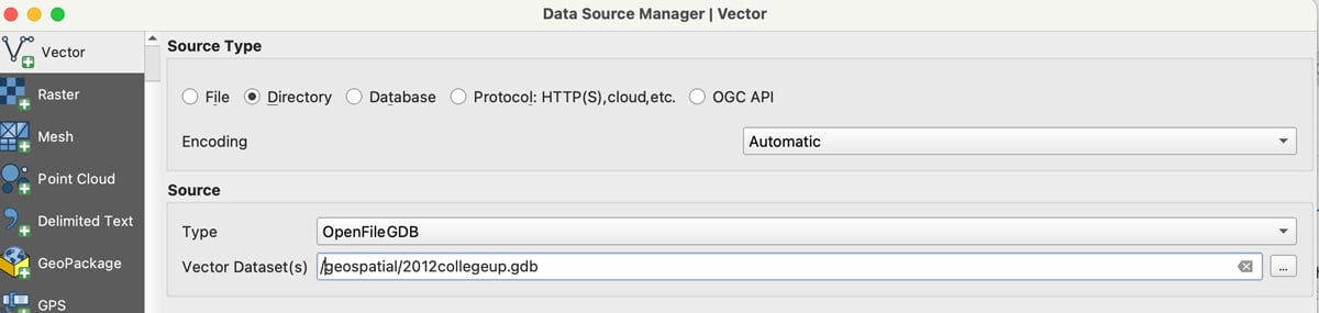 Screenshot of the Data Source Manager interface in QGIS.