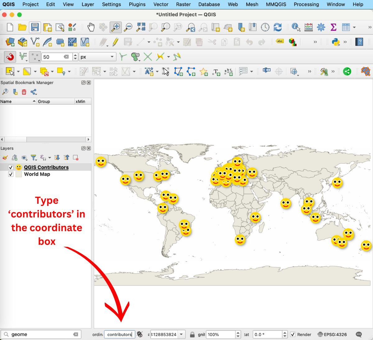 Screenshot in QGIS of a world map with smiley face emojis mapped across it. 