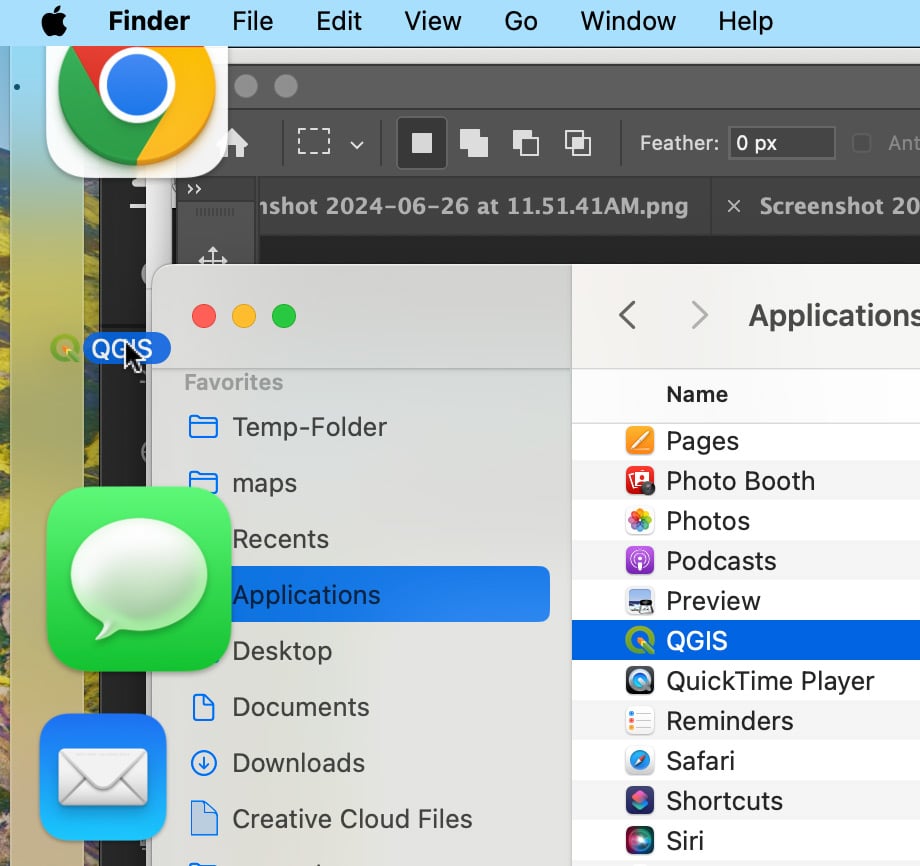 Screenshot showing dragging QGIS icon into the Mac dock.