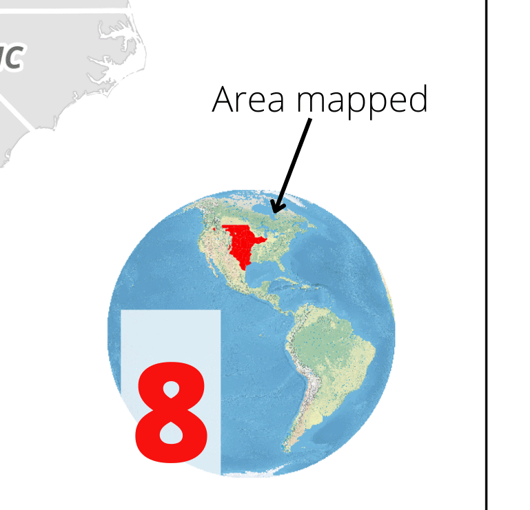 A cropped view of a map showing an inset map that is a globe with the area mapped in red.