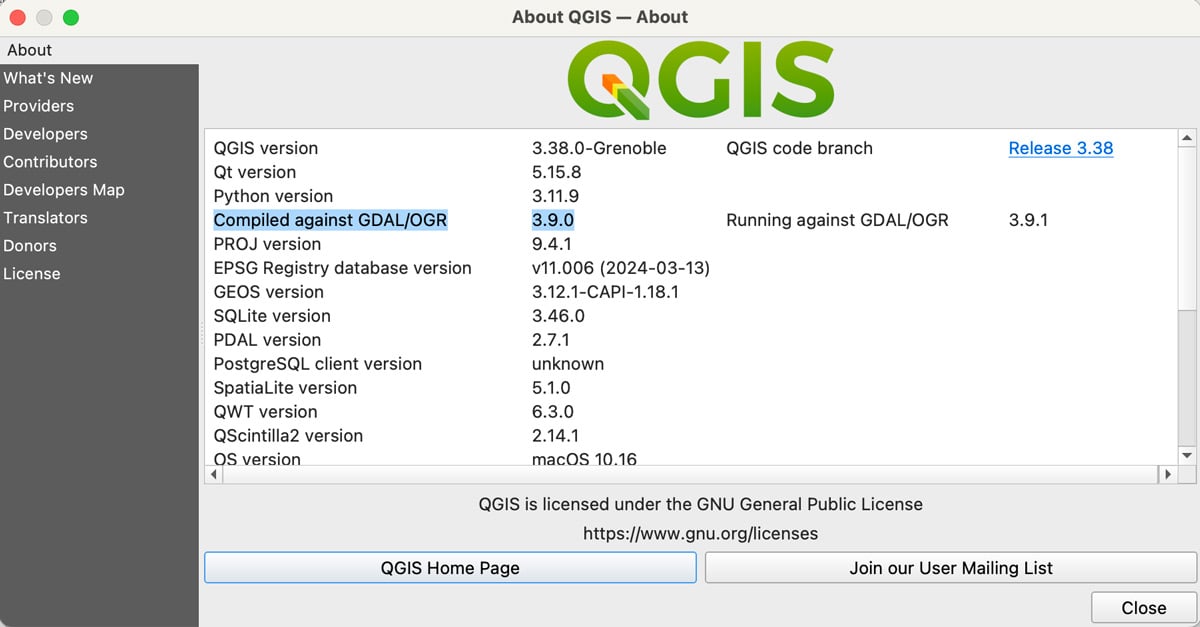 The about page of QGIS with more current packages installed.