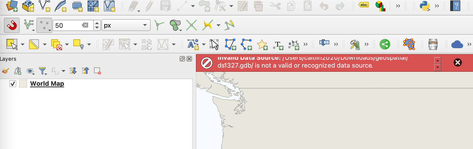 Screenshot of an error message with a red background in QGIS.