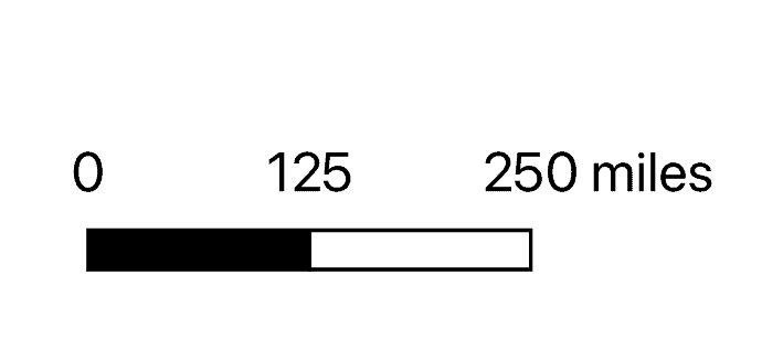 A bar map scale with one solid black block representing 0 to 125 miles and a white block with a black outline representing 125 to 250 miles.