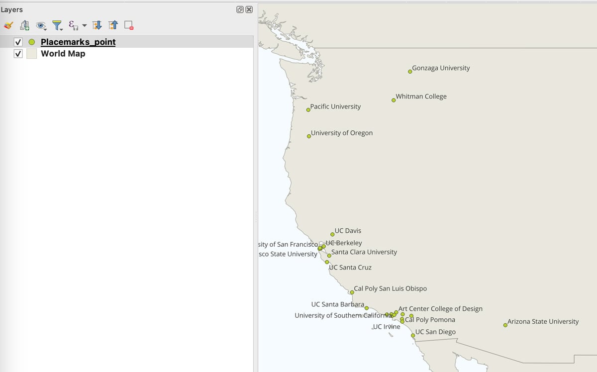 A screenshot of a map view with point locations in green labeled with the college name. 