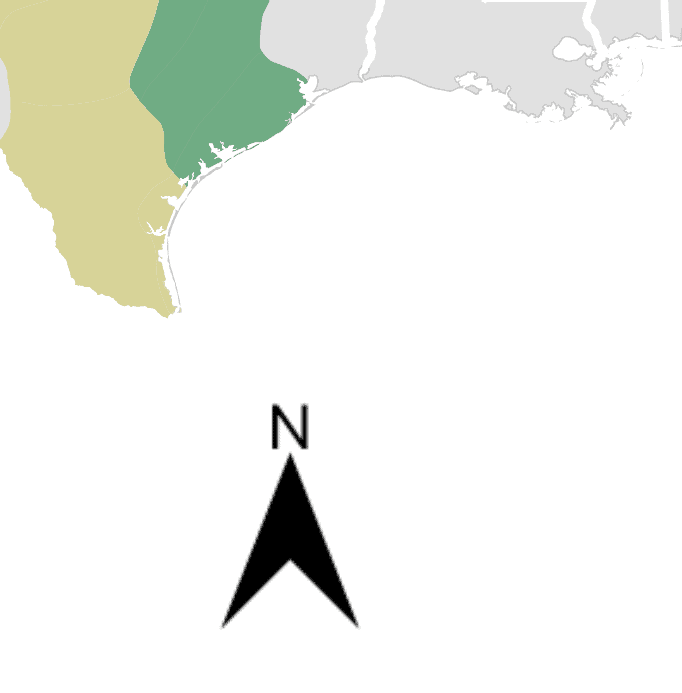 A cropped view of a map with a north arrow in bold black with the letter "N" on top of it. A section of Texas and Louisiana can be seen at the top of the image.