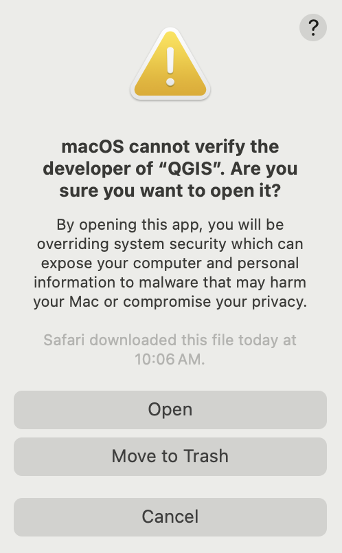 Warning about opening QGIS on a Mac.