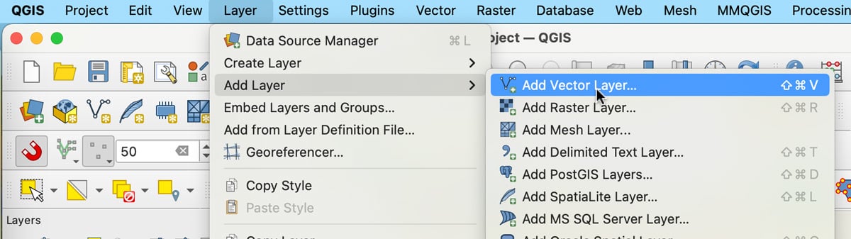 Screenshot showing how to find the Add vector layer option in QGIS.