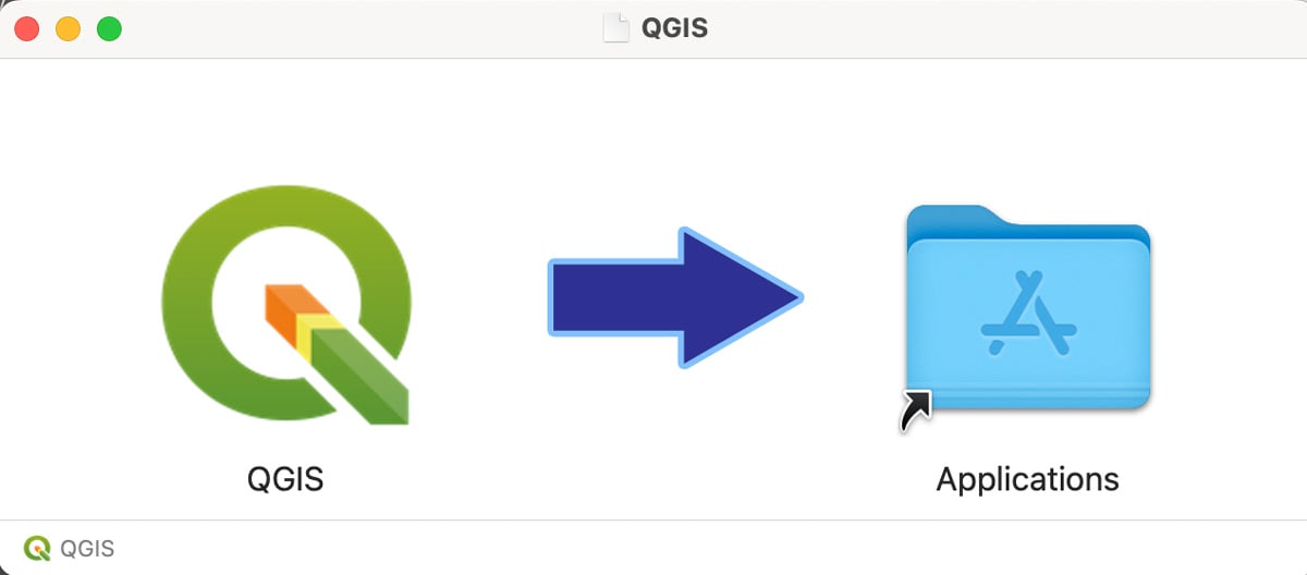 A screenshot showing the stylized Q for QGIS with a bold dark blue arrow pointing towards the Applications folder on a Mac.