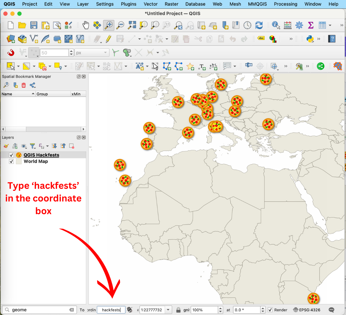 A map in QGIS of the location of past hackfests symbolized as pizzas.