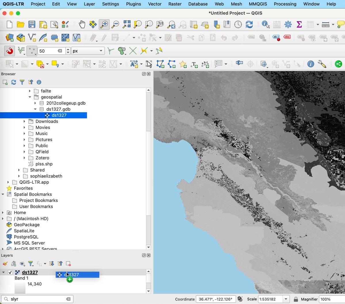 Screenshot of a raster file geodatabase in QGIS.