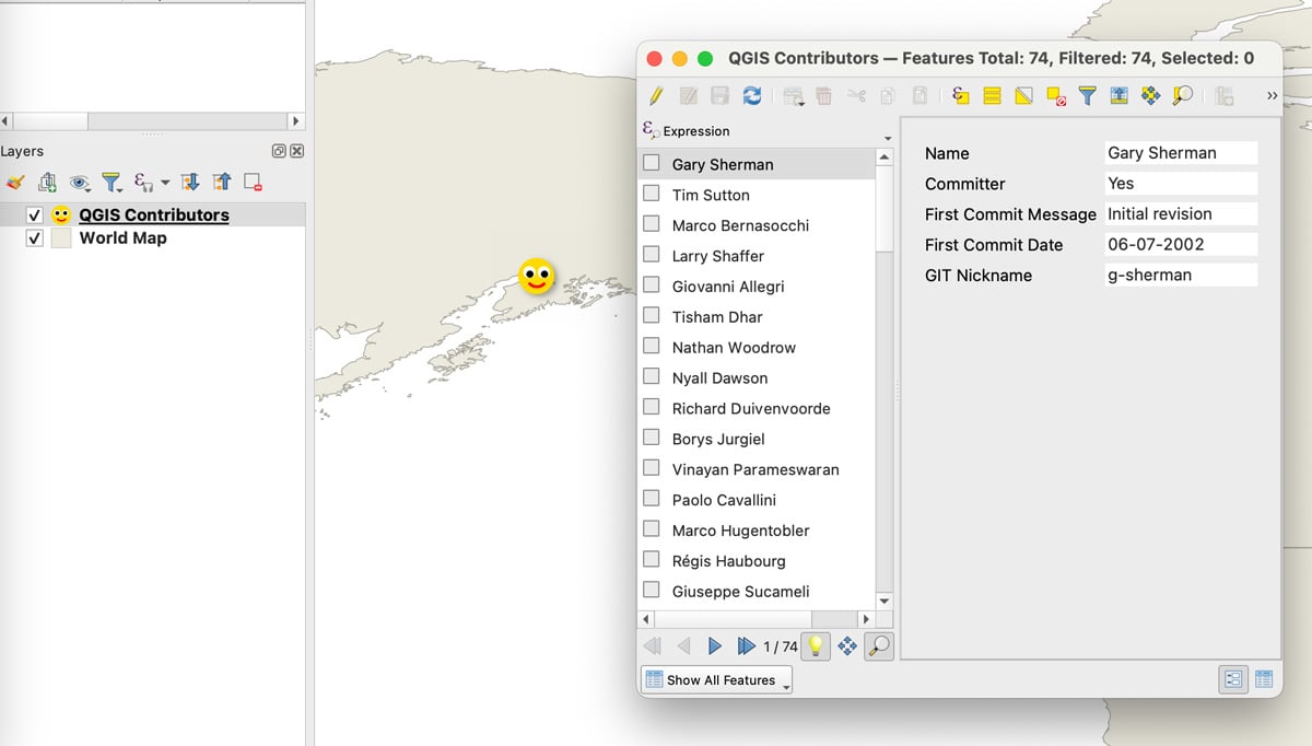 Screenshot showing the location of a happy face with a popup with attribute information about that location.