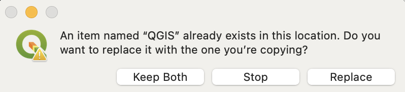 Screenshot of Mac OS asking if a version of QGIS show replace an older version. 
