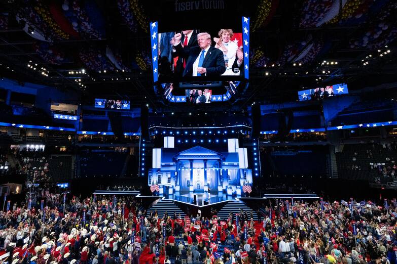 UNITED STATES - JULY 16: Former President Donald Trump is seen raising his fist on the jumbotron in the Fiserv Forum at the Republican National Convention in Milwaukee on Tuesday, July 16, 2024. (Bill Clark/CQ-Roll Call, Inc via Getty Images)