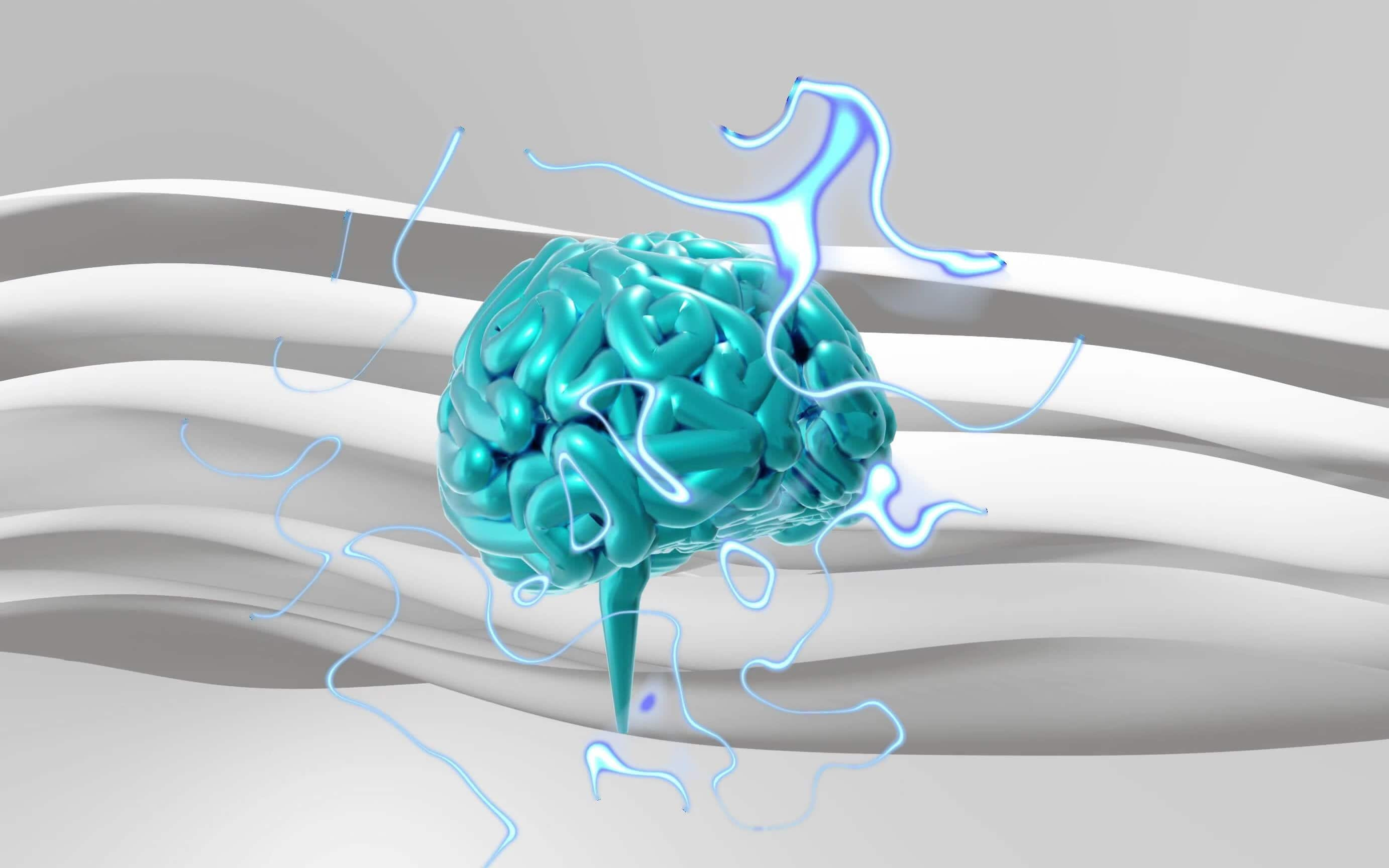 Image of human brain moving over waving layers on white background. Science, colour, pattern, shape and movement concept digitally generated image.