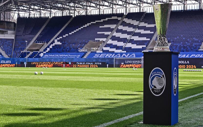 UEFA Europa League trophy is displayed before the Italian Serie A soccer match Atalanta BC vs Torino FC at the Gewiss Stadium in Bergamo, Italy, 26 May 2024. ANSA/MICHELE MARAVIGLIA