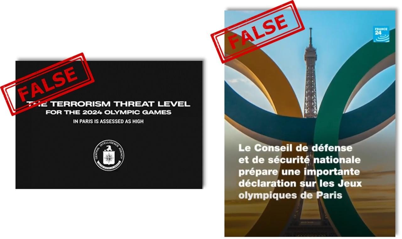 Un falso comunicato stampa sul rischio terrorismo a Parigi 2024 e un falso servizio televisivo di France 24 in cui si dice che la gente sta restituendo i biglietti per le gare olimpiche. Entrambi prodotti dagli agenti russi di Storm-1679.