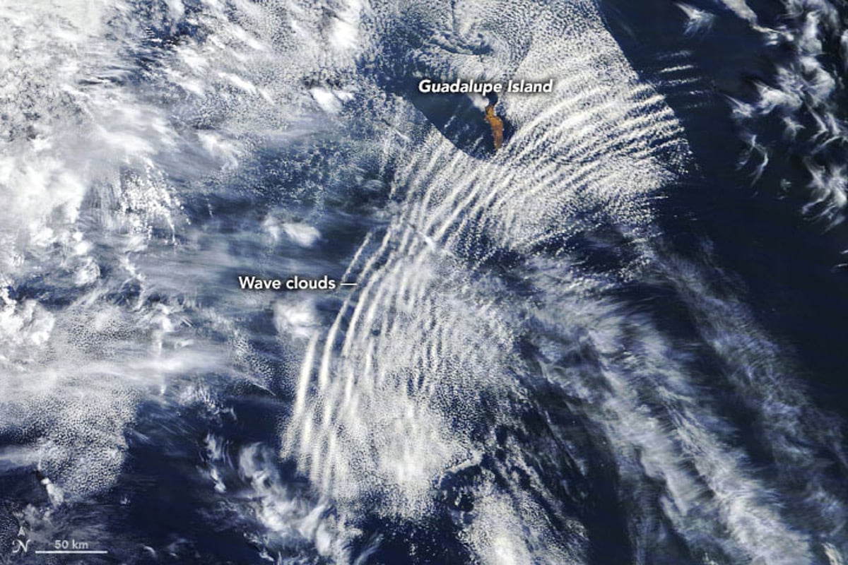 An annotated satellite image showing cloud patterns over the ocean. 