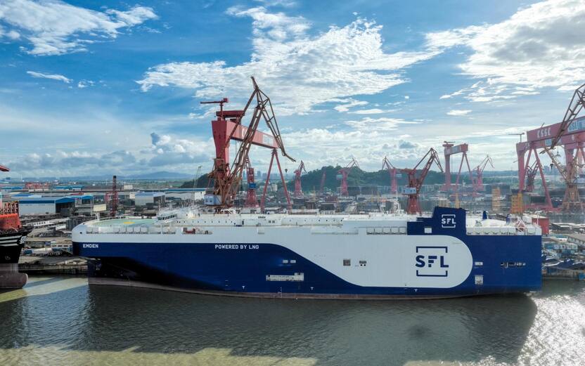 epa10858782 A view of the 'EMDEN' car-shipping vessel at a port in south China's Guangdong Province, 12 September 2023 (issued 13 September 2023). A car-shipping vessel dual-powered by liquefied natural gas (LNG) and fuels, manufactured by Chinese shipyards, was delivered to Norwegian company SFL Corporation Ltd. on 12 September. EPA/XINHUA / TIAN JIANCHUAN CHINA OUT / UK AND IRELAND OUT / MANDATORY CREDIT EDITORIAL USE ONLY