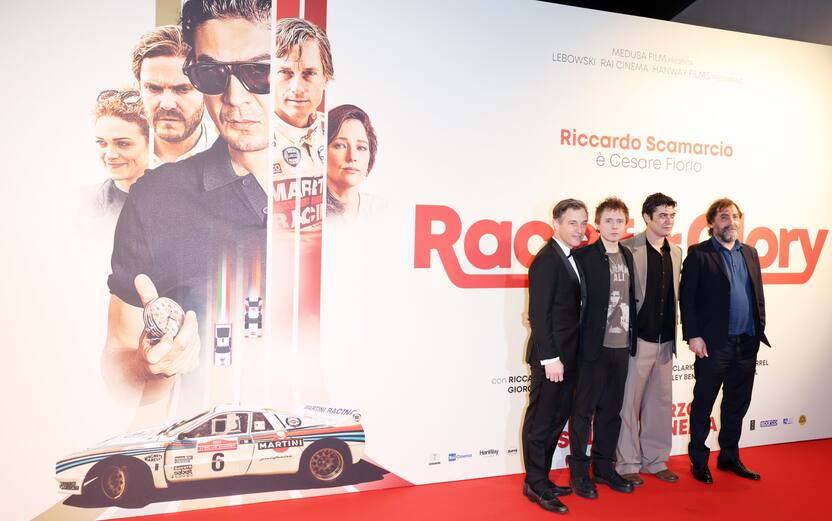 MILAN, ITALY - MARCH 13: Volker Bruch, Gianmaria Martini, Riccardo Scamarcio and Stefano Mordini attend the photocall for "Race For Glory" on March 13, 2024 in Milan, Italy. (Photo by Stefania D'Alessandro/Getty Images)