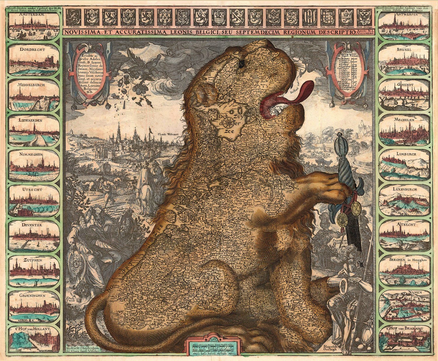 A scene of a 17th century map where the country is in the shape of a lion.