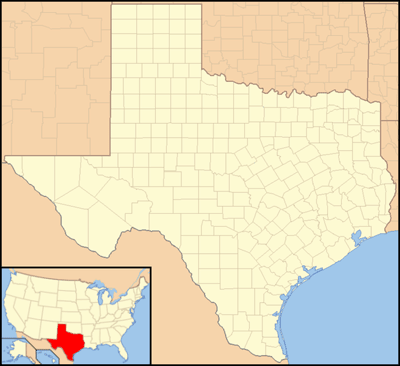 Map of Texas with a locator map showing the relative location of Texas within the continental United States. 