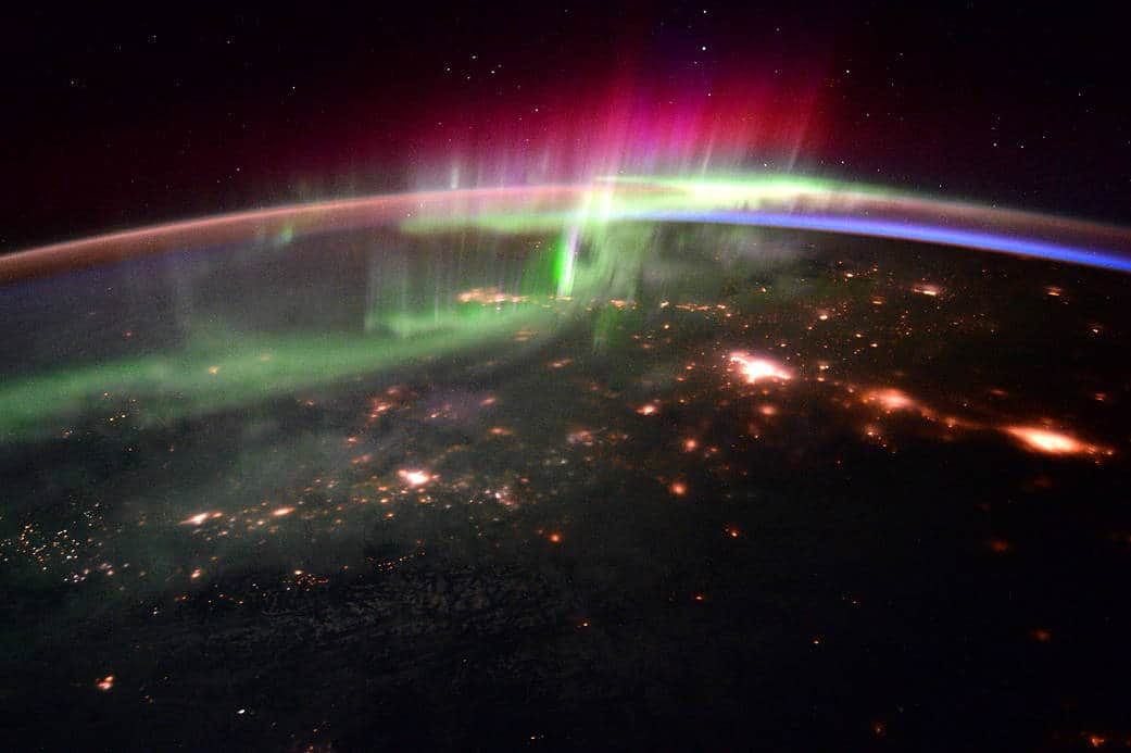 A photo taken from the Internal Space Station showing an aurora borealis. 