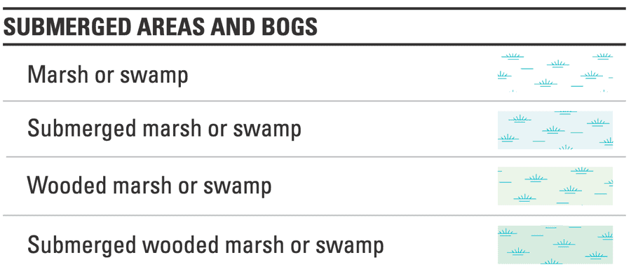 Submerged areas and bogs symbology, USGS topo maps. Source: USGS. 