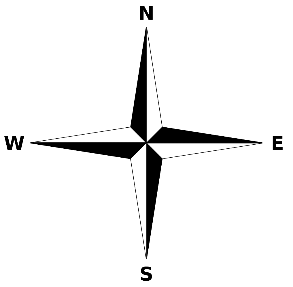 A compass rose showing just the cardinal points of north, south, east, and west.