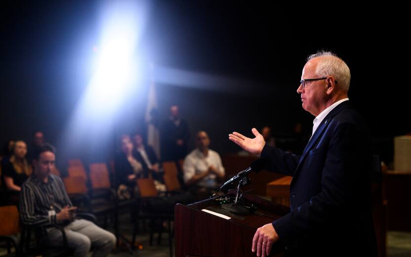 BLOOMINGTON, MINNESOTA - AUGUST 1: Minnesota Governor Tim Walz speaks during a press conference regarding new gun legislation at City Hall on August 1, 2024 in Bloomington, Minnesota. Walz is thought to be on a short list of potential vice presidential running mates for Democratic presidential candidate Vice President Kamala Harris. (Photo by Stephen Maturen/Getty Images)