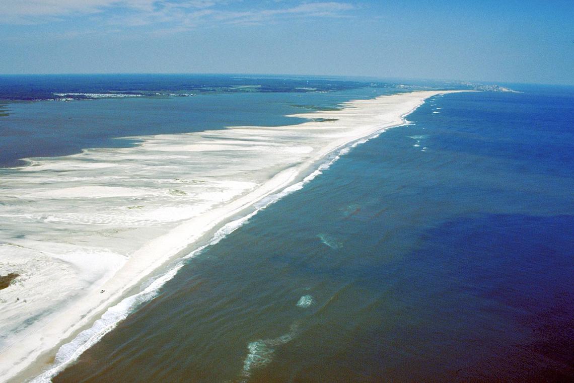 Aerial view of Assateague Island, looking north. Ocean City, Maryland, is visible in the far distance at top. Sinepuxent Bay lies between the island’s western shore and the Delmarva Peninsula to the upper left. Photograph taken in 1998.