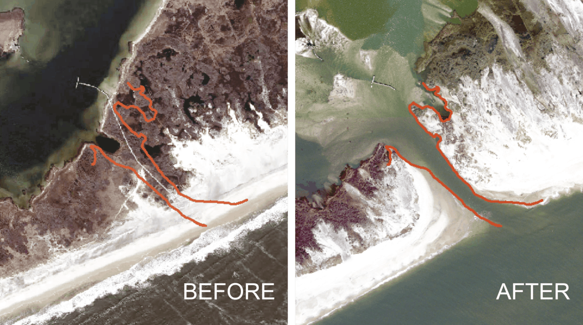 Before and after photos showing the breach on Fire Island after Hurricane Sandy. Photo: USGS, public domain