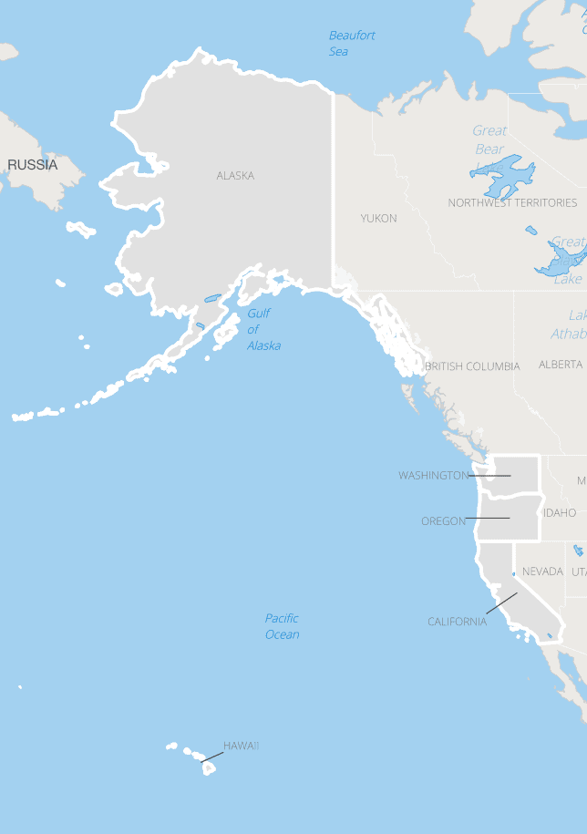 Map showing West Coast States with access to the Pacific Ocean. Map created using QGIS with Natural Earth GIS data.