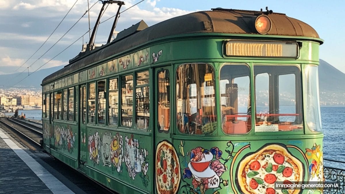 Immagine creata con IA di un tram vintage ristorante