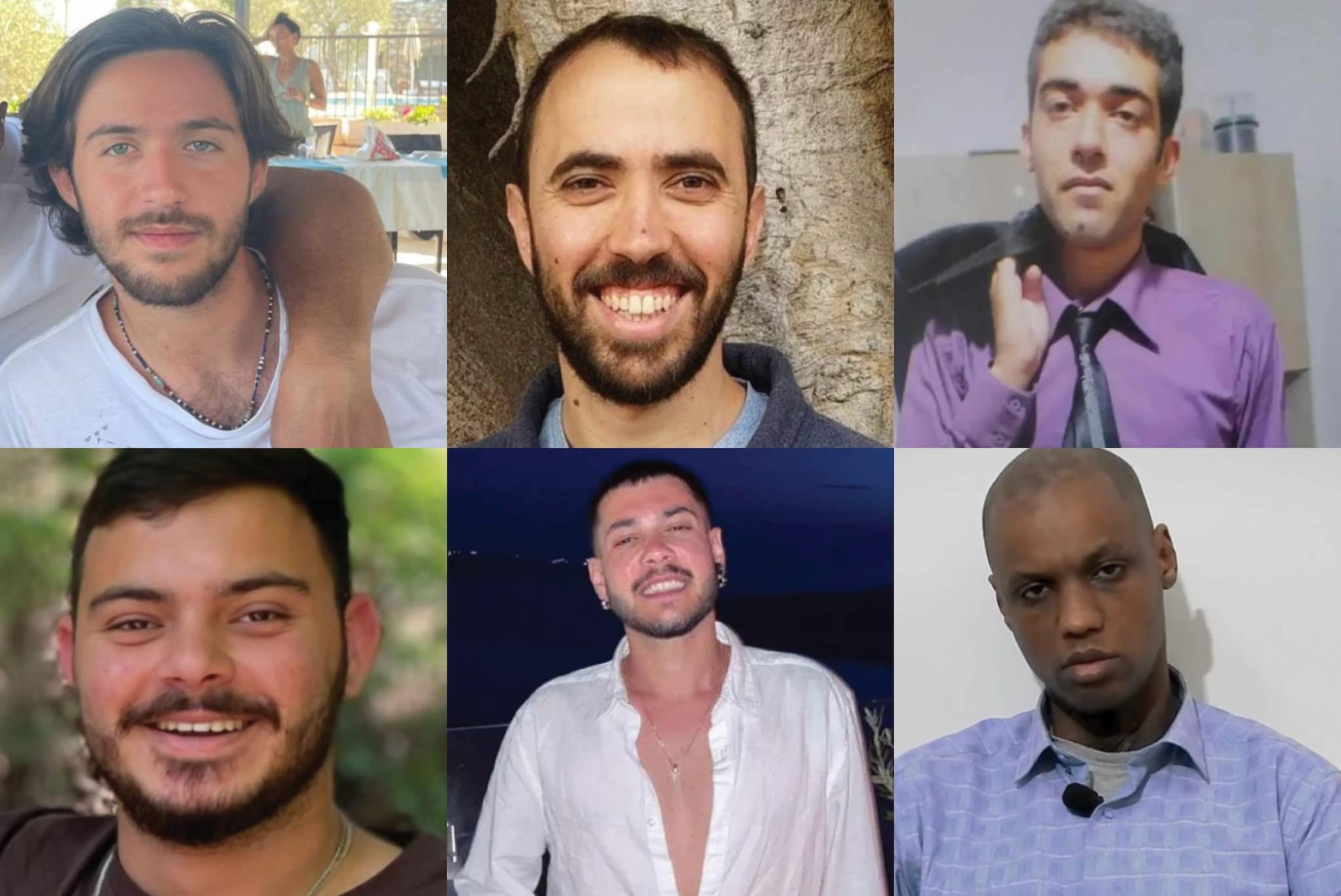 I sei ostaggi che verrano liberati domani. Dall'alto in senso orario: Omer Shem-Tov, 22 anni, Tal Shoham, 39, Hisham al-Sayed, 37, Omer Wenkert, 23, Eliya Cohen, 27, Avera Mengistu, 37.