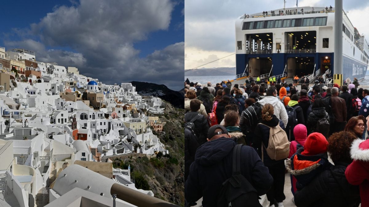 A sinistra, l'isola di Santorini; a destra, le persone in fuga durante il sisma.