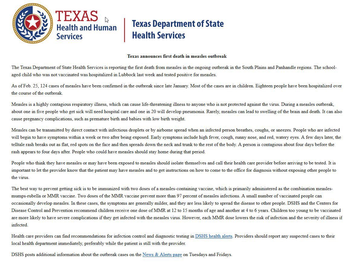 Il comunicato del Dipartimento dei Servizi sanitari del Texas che annuncia la morte del bambino.