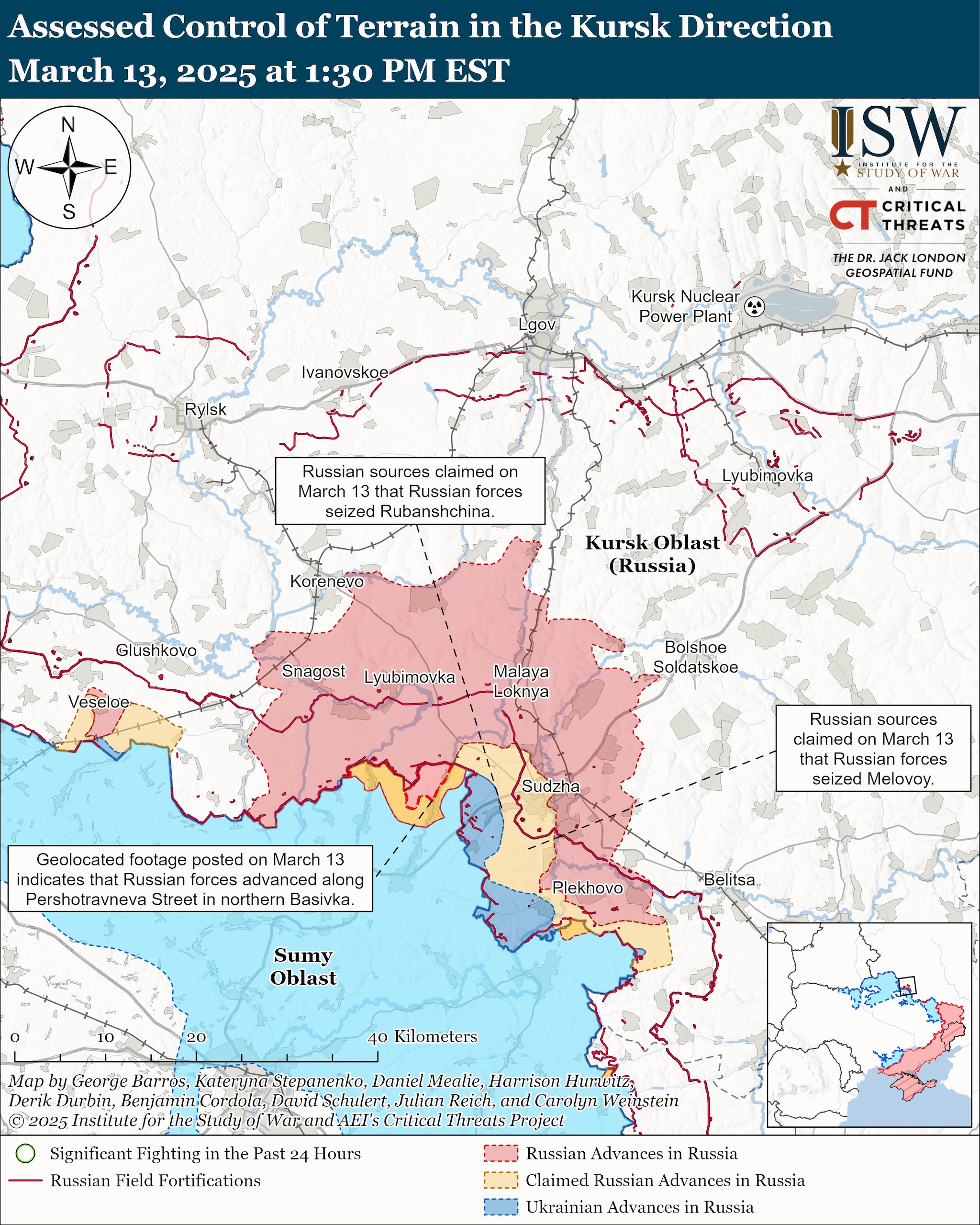 La situazione sul terreno nella regione russa di Kursk. Fonte: ISW