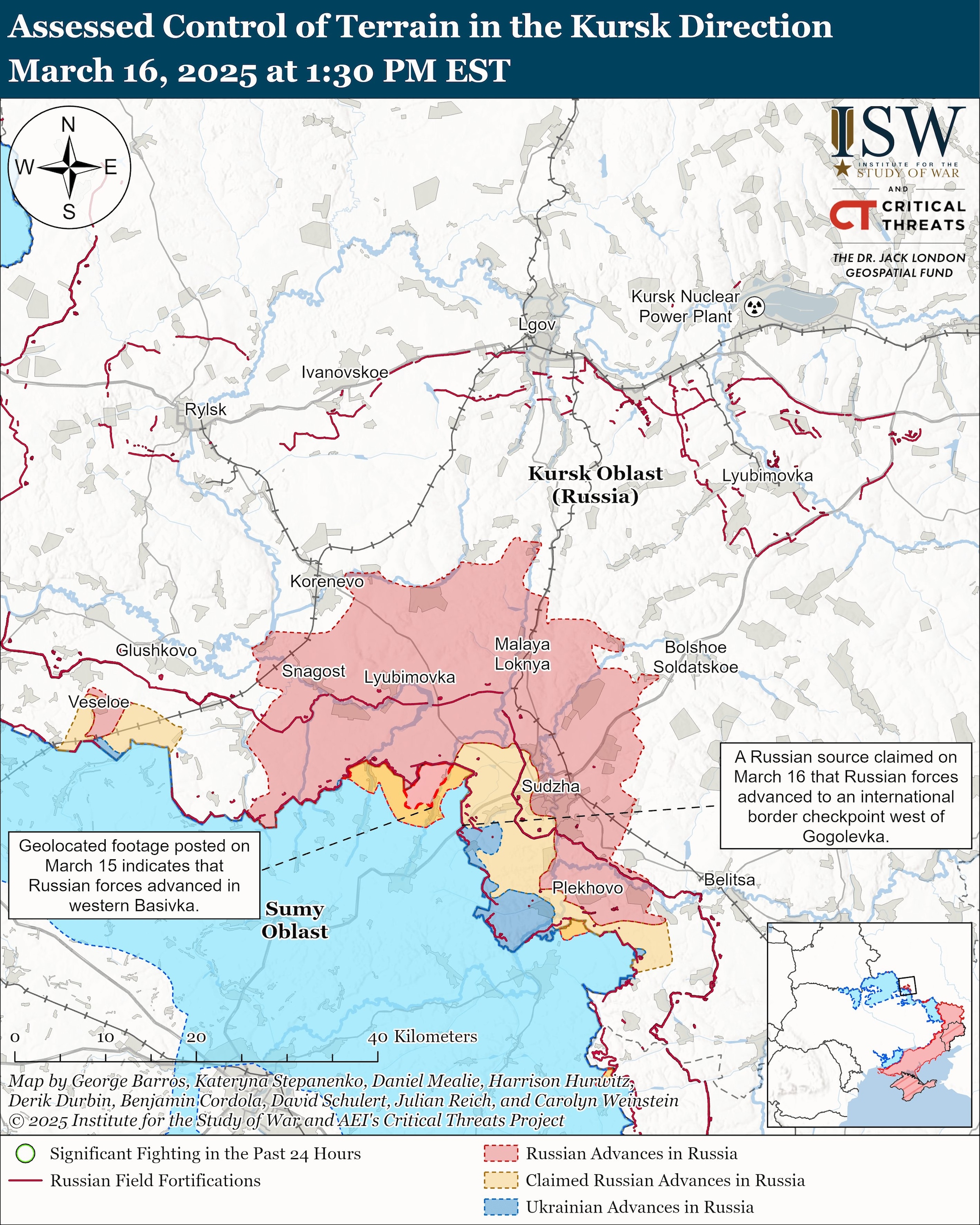 La situazione nel Kursk al 16 marzo. Fonte: ISW