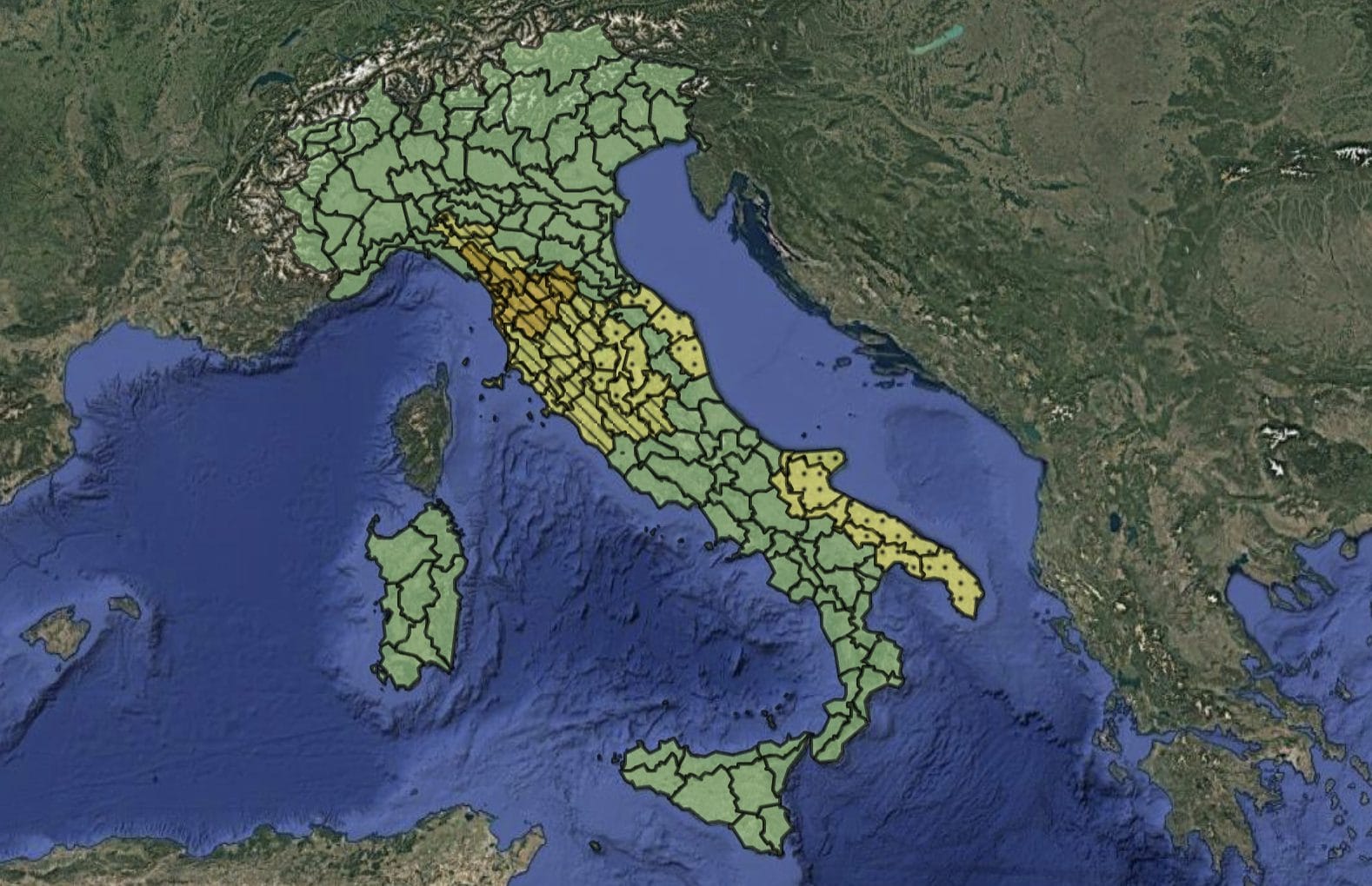 Le zone interessate dall'allerta della Protezione Civile.