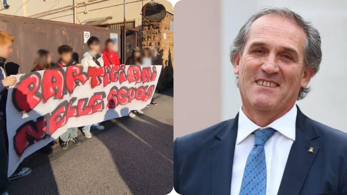 A sinistra l'azione di oggi al Rossellini, con lo striscione "Partigiani nelle scuole"; a destra il senatore Roberto Menia.